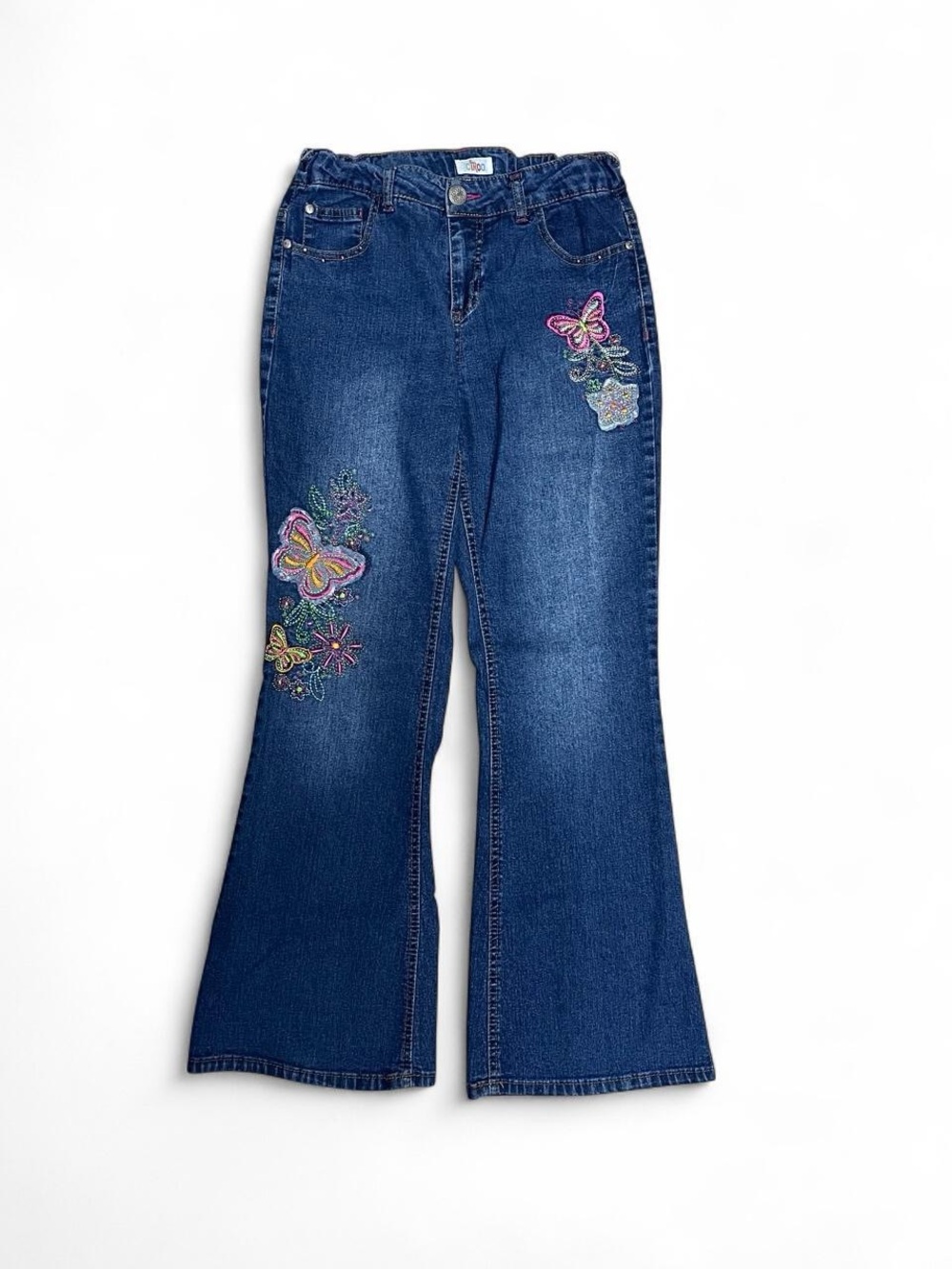 Handmade Girls' Dark Blue Flared Jeans with Embroidered Butterflies
